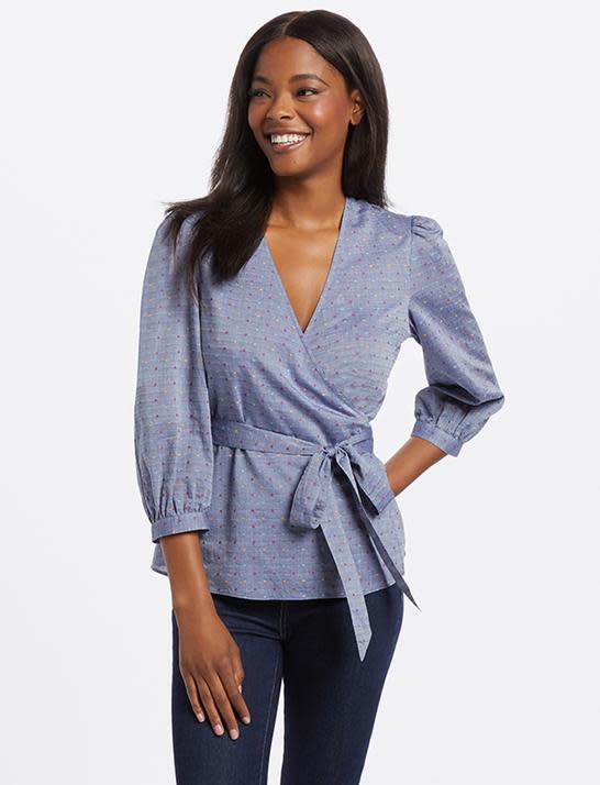 Embroidered Dot Chambray Wrap Top (Credit: Draper James)