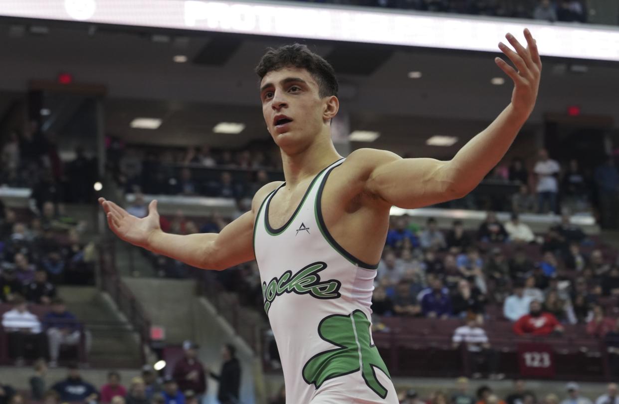 Dublin Coffman’s Omar Ayoub celebrates after winning last season's Division I state title at 126 pounds. He's competing at 138 this season.