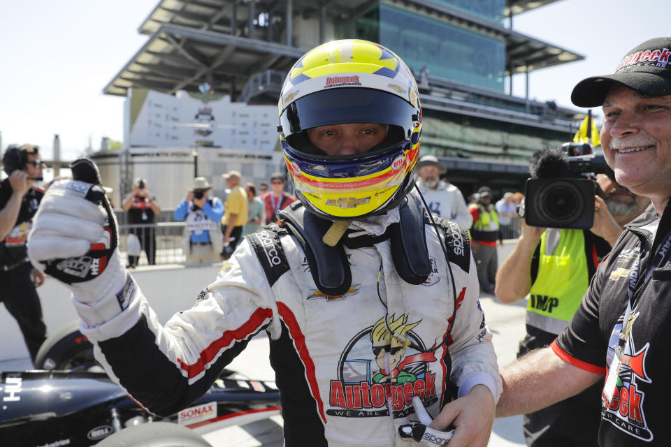 Spencer Pigot thanks his crew after his qualification run for the Indianapolis 500 IndyCar auto race at Indianapolis Motor Speedway, Saturday, May 18, 2019, in Indianapolis. (AP Photo/Darron Cummings)