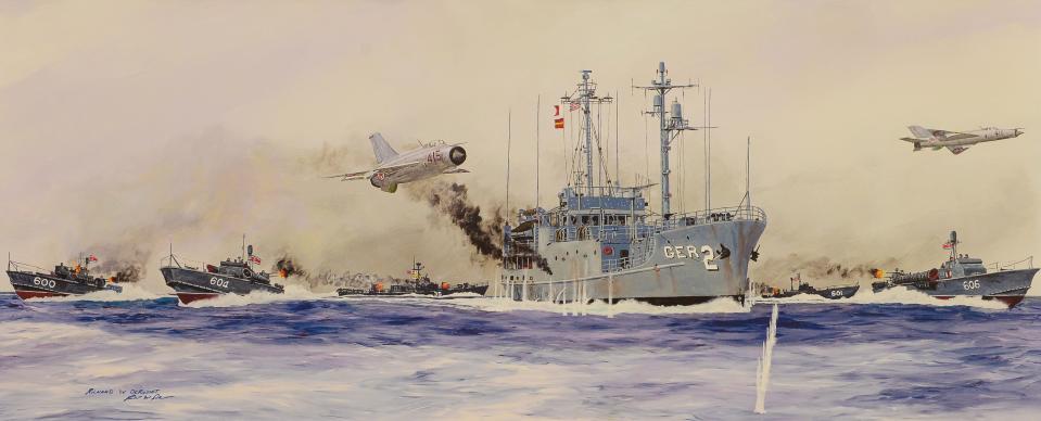 A painting by Richard W. DeRosset depicts the USS Pueblo being captured by the North Koreans in 1968.