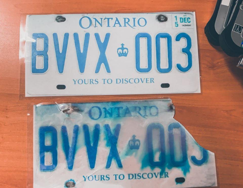Essex County OPP say a driver was charged after an officer conducted a traffic stop and found the vehicle was driving with paper licence plates (Submitted by Essex County OPP - image credit)