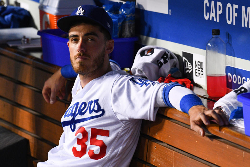 LOS ANGELES, CA - MAY 28: Los Angeles Dodgers right fielder Cody Bellinger (35) looks on in the dugout during a MLB game between the New York Mets and the Los Angeles Dodgers on May 28, 2019 at Dodger Stadium in Los Angeles, CA. (Photo by Brian Rothmuller/Icon Sportswire via Getty Images)