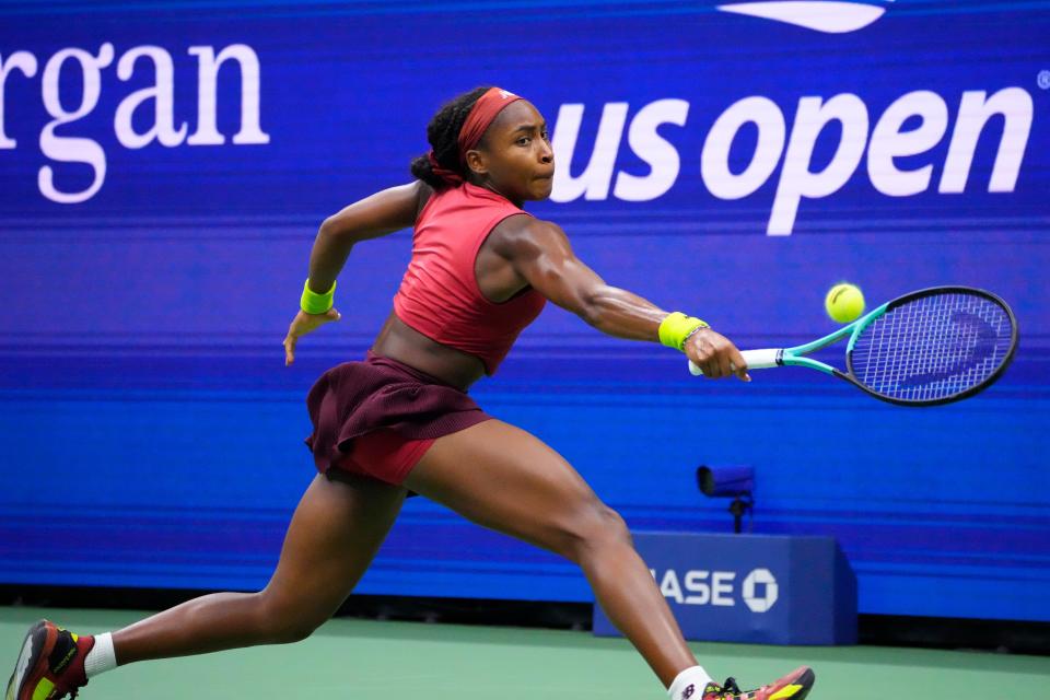 Sep 9, 2023; Flushing, NY, USA; Coco Gauff of the United States reaches for a backhand against Aryna Sabalenka (not pictured) in the women's singles final on day thirteen of the 2023 U.S. Open tennis tournament at USTA Billie Jean King Tennis Center. Mandatory Credit: Robert Deutsch-USA TODAY Sports