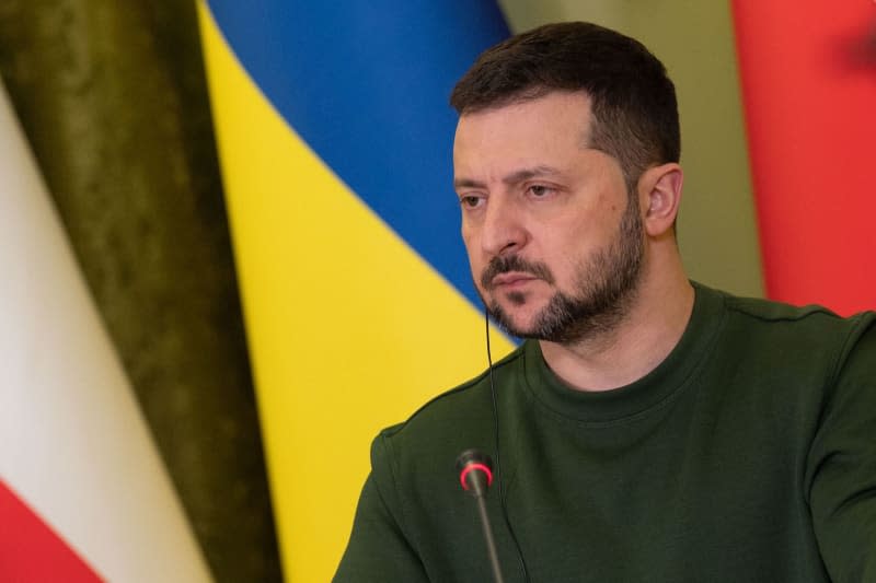 Ukrainian President Volodymyr Zelensky holds a joint press conference with Polish Prime Minister Donald Tusk (not pictured) at the Mariinskyi Palace. -/Ukraine Presidency/dpa