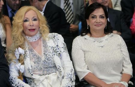 Lebanese singer and actress Sabah and Wafaa Suleiman (R), wife of Lebanon's President Michel Suleiman, attend "Sabah, the Musical" during the opening of Beiteddine Festival in Beiteddine village, Mount Lebanon, June 24, 2011. REUTERS/ Mohamed Azakir