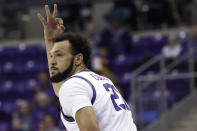 TCU forward JaKobe Coles reacts after scoring a 3-point basket against Louisiana-Monroe during the first half of an NCAA college basketball game Thursday, Nov. 17, 2022, in Fort Worth, Texas. (AP Photo/Ron Jenkins)