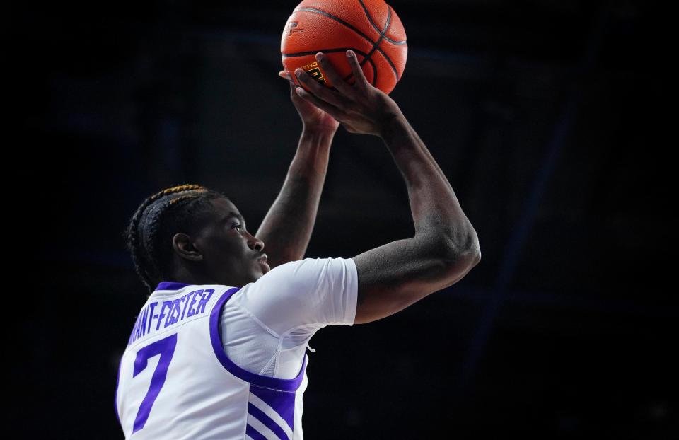 GCU guard Tyon Grant-Foster (7) makes a three-pointer against Tarleton State during a game at Grand Canyon University in Phoenix on Jan. 13, 2024.