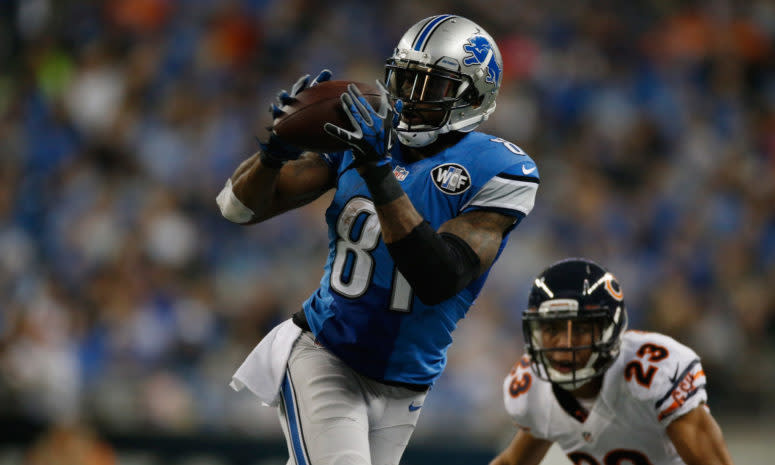 Calvin Johnson catching a pass for the Detroit Lions.