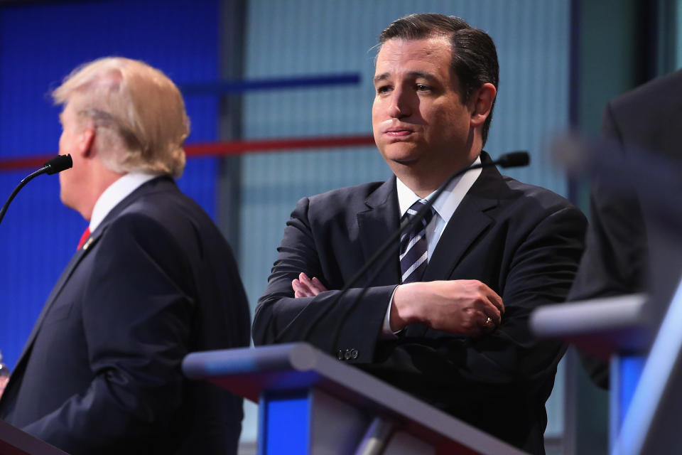 CLEVELAND, OH - AUGUST 06:  Republican presidential candidate Sen. Ted Cruz (R-TX) exhales during a commercial break in the first prime-time presidential debate hosted by FOX News and Facebook at the Quicken Loans Arena August 6, 2015 in Cleveland, Ohio. The top-ten GOP candidates were selected to participate in the debate based on their rank in an average of the five most recent national political polls.  (Photo by Chip Somodevilla/Getty Images)
