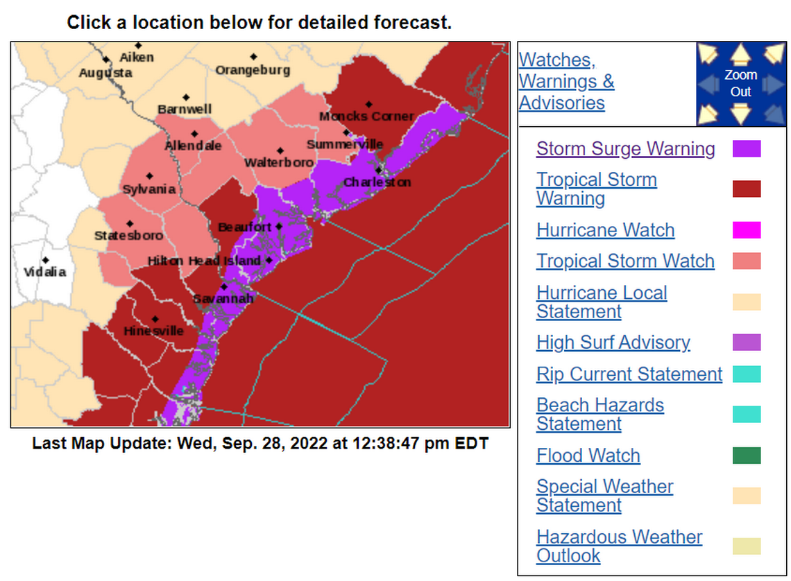 The National Weather Service issued a storm surge warning Wednesday that includes coastal South Carolina.