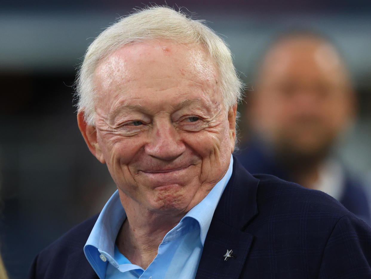 ARLINGTON, TEXAS - AUGUST 26: Dallas Cowboys owner Jerry Jones smiles on the sidelines before a preseason game against the Las Vegas Raiders at AT&T Stadium on August 26, 2023 in Arlington, Texas. (Photo by Richard Rodriguez/Getty Images)