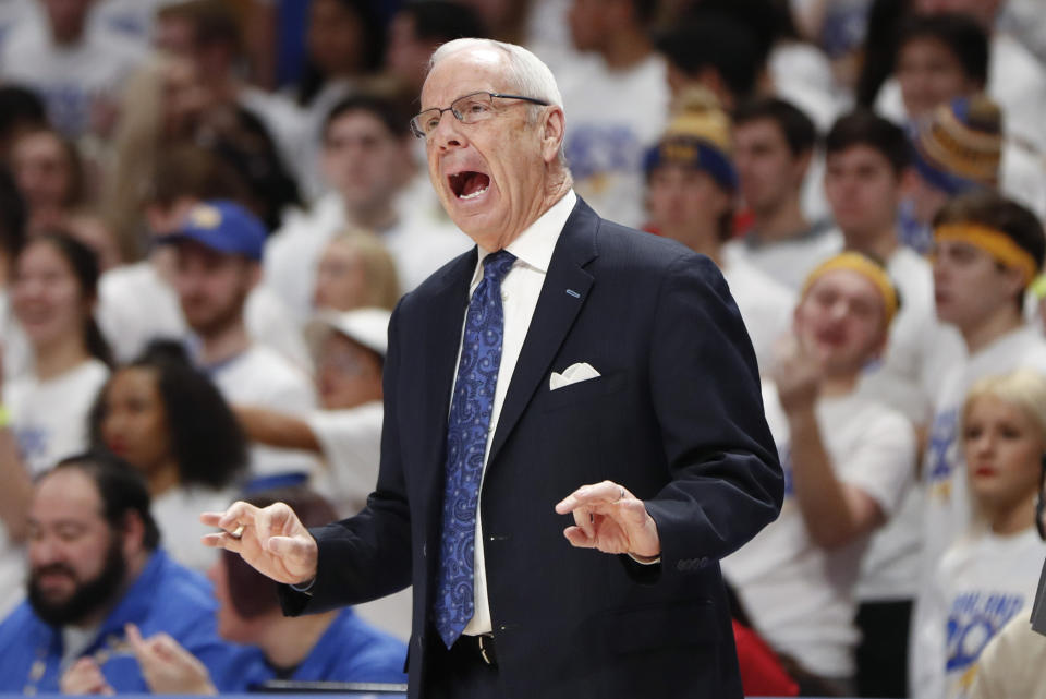 North Carolina head coach Roy Williams yells to his team as they play against Pittsburgh during the first half of an NCAA college basketball game, Saturday, Jan. 18, 2020, in Pittsburgh. Pittsburgh won 66-52. (AP Photo/Keith Srakocic)