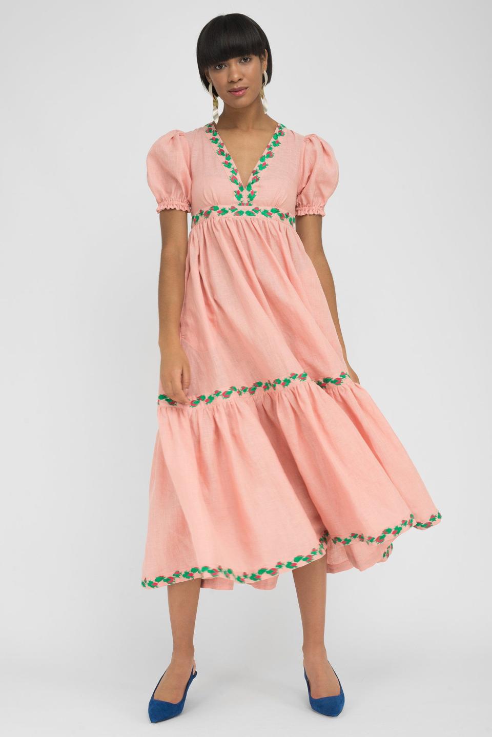 17) Peach Linen Green Embroidery V Neck Midi Dress