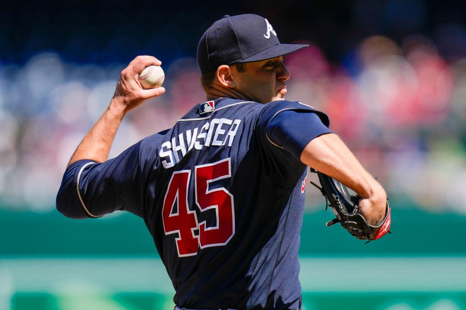 Atlanta Braves starting pitcher Jared Shuster throws during the first inning of a baseball game against the Washington Nationals at Nationals Park, Sunday, April 2, 2023, in Washington.