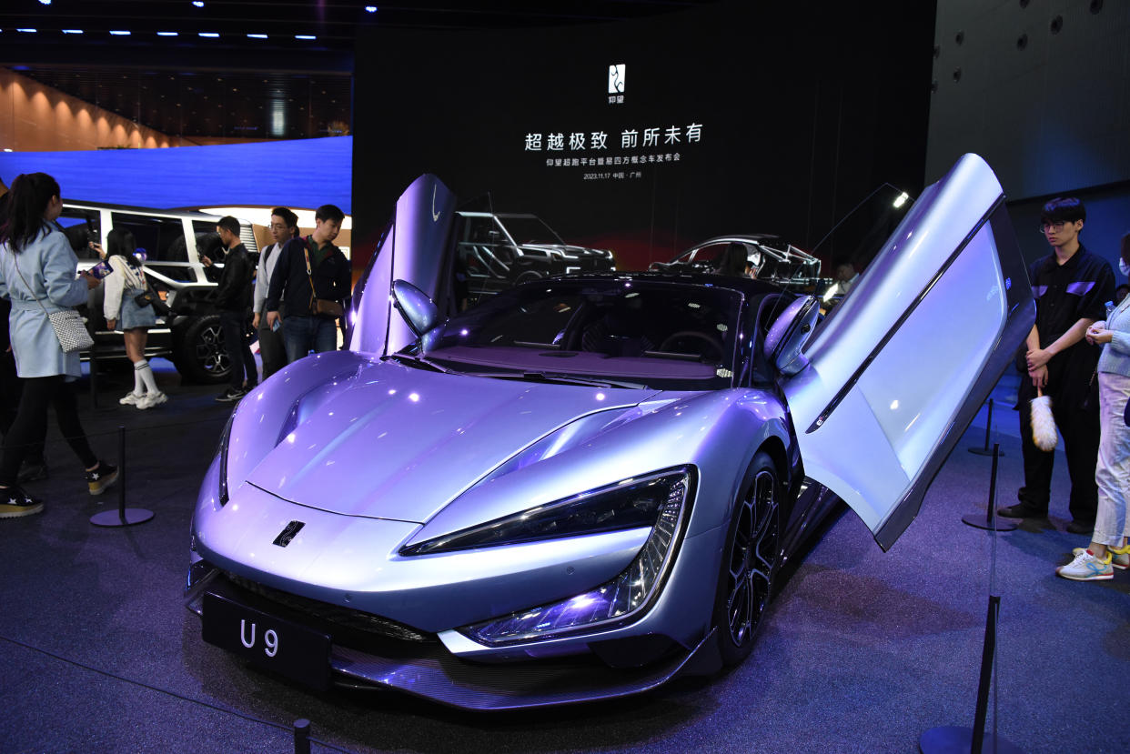 GUANGZHOU, CHINA - NOVEMBER 17: A BYD Yangwang U9 electric sports car is on display during the Auto Guangzhou 2023 at China Import & Export Fair Pazhou Complex on November 17, 2023 in Guangzhou, Guangdong Province of China. (Photo by Qu Jinwei/VCG via Getty Images)