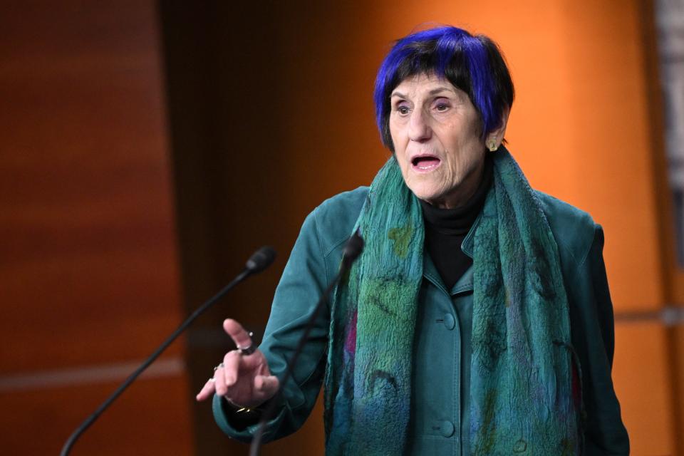 US Representative Rosa DeLauro of Connecticut speaks during a press conference after the Democratic Caucus meeting in Washington, DC on March 6, 2024.