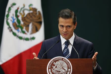 Mexico's President Enrique Pena Nieto speaks during the oath ceremony for new Secretary of the Public Administration Virgilio Andrade Martinez at Los Pinos Presidential house in Mexico City February 3, 2015. REUTERS/Edgard Garrido