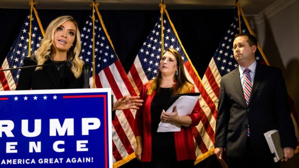 White House Press Secretary Kayleigh McEnany speaks during a press conference with RNC Chairwoman Ronna McDaniel (center) and Trump Campaign General Counsel Matt Morgan at the Republican National Committee headquarters Monday in Washington, D.C. (Photo by Samuel Corum/Getty Images)