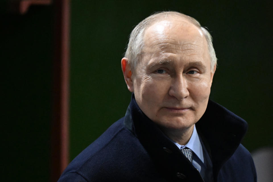 Russian President Vladimir Putin attends a keel laying ceremony for the 5th nuclear-powered icebreaker Leningrad (Project 22220) at the Baltiysky Shipyard in St. Petersburg, Russia, Friday, Jan. 26, 2024. (Pavel Bednyakov, Sputnik, Kremlin Pool Photo via AP)