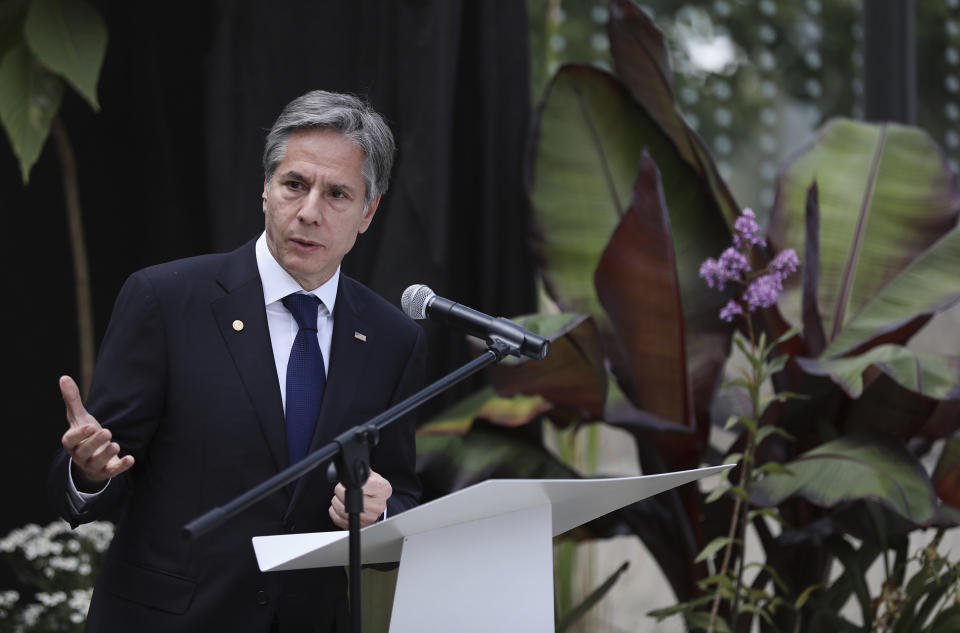 Secretary of State Antony Blinken speaks as he visits the Jose Celestino Mutis botanical garden in Bogota, Colombia, Thursday, Oct. 21, 2021. (Luisa Gonzalez/Pool via AP)