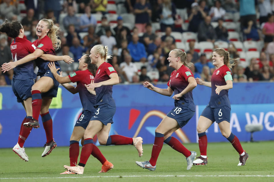 Norway players celebrate after winning the penalty shoot-out of the Women's World Cup round of 16 soccer match between Norway and Australia at the Stade de Nice in Nice, France, Saturday, June 22, 2019. Norway defeated Australia 4-1 in a penalty shoot out after the game ended 1-1. (AP Photo/Thibault Camus)