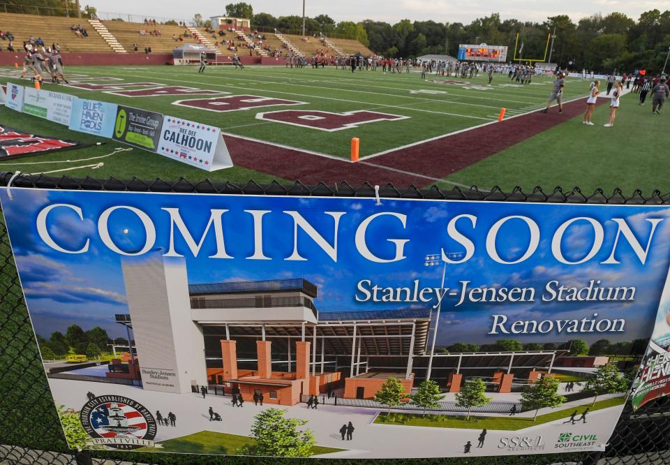 Signs promote the stadium renovation during the Prattville vs. Stanhope Elmore game Stanley-Jensen Stadium in Prattville, Ala., on Friday September 29, 2023.