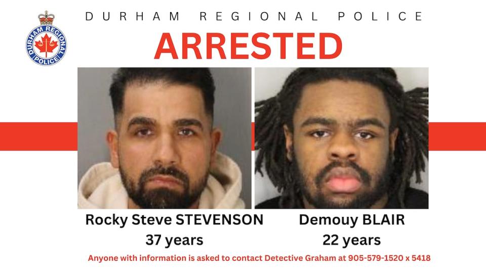 Rocky Steve Stevenson, 37, of Ajax and Demoy Blair, 22, of Oshawa have both been charged with two counts of first degree murder, Durham police said in a news release on Wednesday.