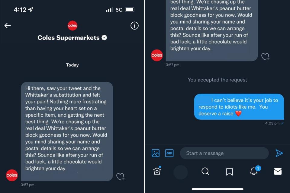 Coles customer and staff member exchange on Twitter