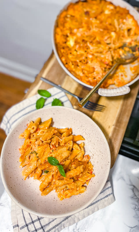 Penne with Five Cheeses in dish and bowl<p>Courtesy of Jessica Wrubel</p>