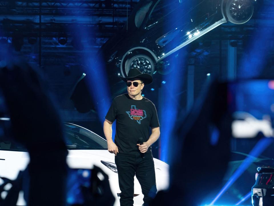 CEO of Tesla Motors Elon Musk speaks at the Tesla Giga Texas manufacturing "Cyber Rodeo" grand opening party on April 7, 2022 in Austin, Texas.