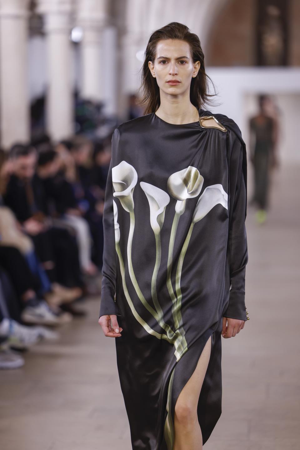 A model wears a creation as part of the Lanvin Fall/Winter 2023-2024 ready-to-wear collection presented Sunday, March 5, 2023 in Paris. (Vianney Le Caer/Invision/AP)
