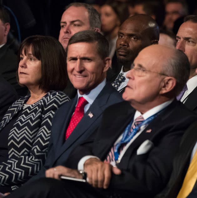 Michael Flynn and Rudy Giuliani wait for the first debate between Donald Trump and Hilary Clinton in Hempstead, New York, in September 2016. (Photo: via Associated Press)