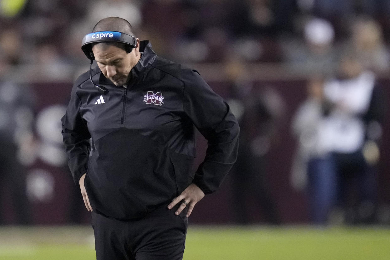 Mississippi State coach Zach Arnett reacts after a missed a field goal against Texas A&M during the second half of an NCAA college football game Saturday, Nov. 11, 2023, in College Station, Texas. (AP Photo/Sam Craft)