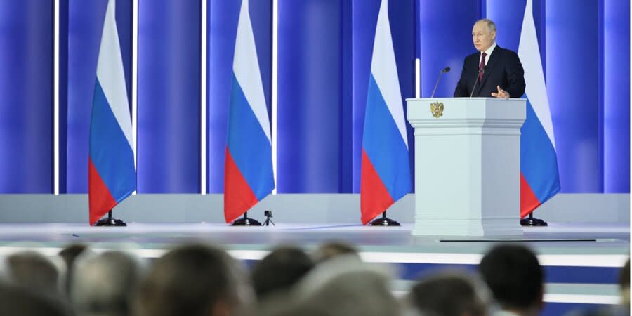 Vladimir Putin speaks before the Federal Assembly of the Russian Federation. During this speech, he announced that Russia was withdrawing from the Strategic Offensive Arms Treaty.