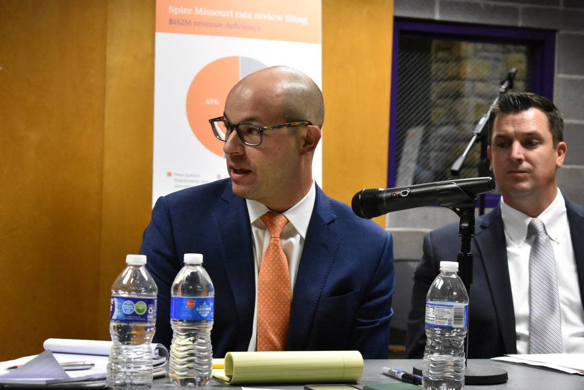 Spire Missouri General Counsel Matt Aplington speaks during a public hearing at Gregg/Klice Community Center on Tuesday, Oct. 18. Spire has requested a rate hike that would increase Kansas City natural gas bills by around 12.7%.