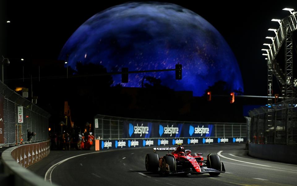 Carlos Sainz of Spain driving (55) the Ferrari SF-23 on track during final practice ahead of the F1 Grand Prix of Las Vegas at Las Vegas Strip Circuit on November 17, 2023 in Las Vegas, Nevada