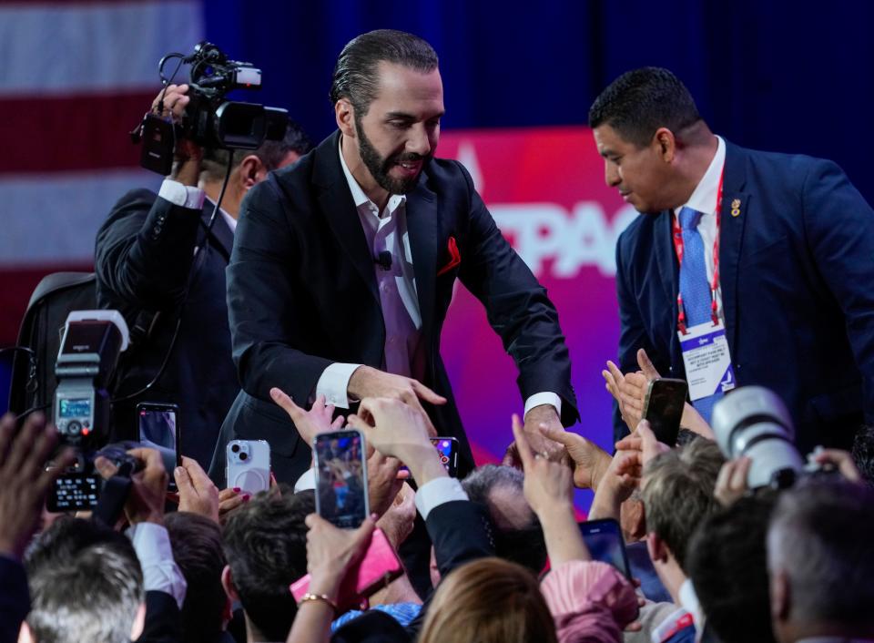 Nayib Bukele, president of El Salvador, greets supporters at the Conservative Political Action Conference on Feb. 22, 2024, at a convention center outside Washington, D.C.