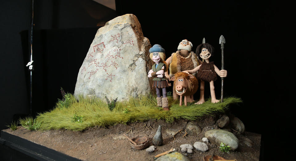 Models of Goona, Chief Bobnar (Timothy Spall), Dug, and Hognob were on display at the preview. (Studiocanal)