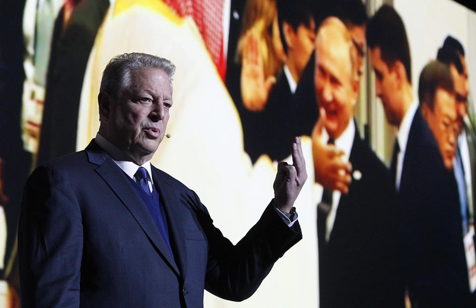 Former U.S vice president and climate activist Al Gore makes a speech on acting for climate to participants in a U.N. climate summit that is to work out ways of keeping global warming in check, in Katowice, Poland, Wednesday, Dec. 12, 2018. (AP Photo/Czarek Sokolowski)