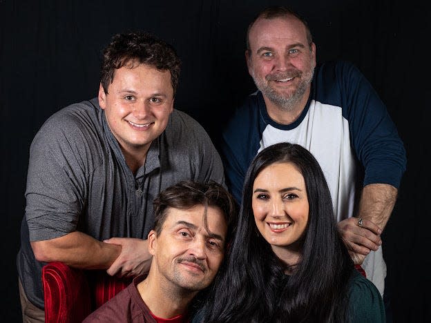 These four actors play more than a score of roles in Barnstable Comedy Club's production of "The 39 Steps," a spoof of Alfred Hitchcock's thriller of the same name. Pictured, left to right, in the top row are Mason Aksamit and Todd Gosselin; bottom row, Rob Minshall and Samantha McMahon.