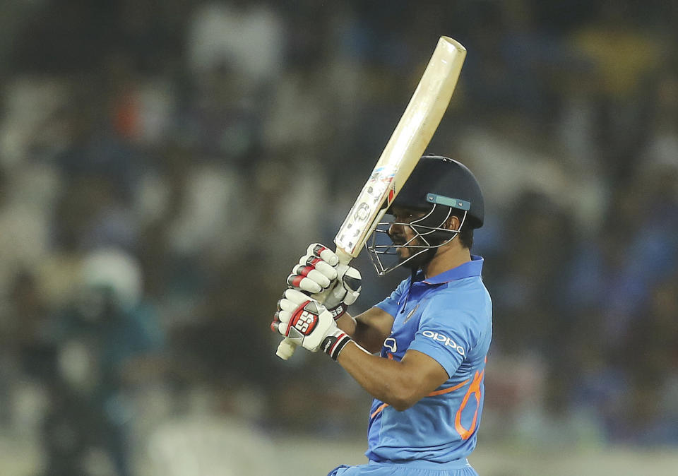 India's Kedar Jadhav bats during the first one-day international cricket match between India and Australia, in Hyderabad, India, Saturday, March 2, 2019. (AP Photo/Mahesh Kumar A.)