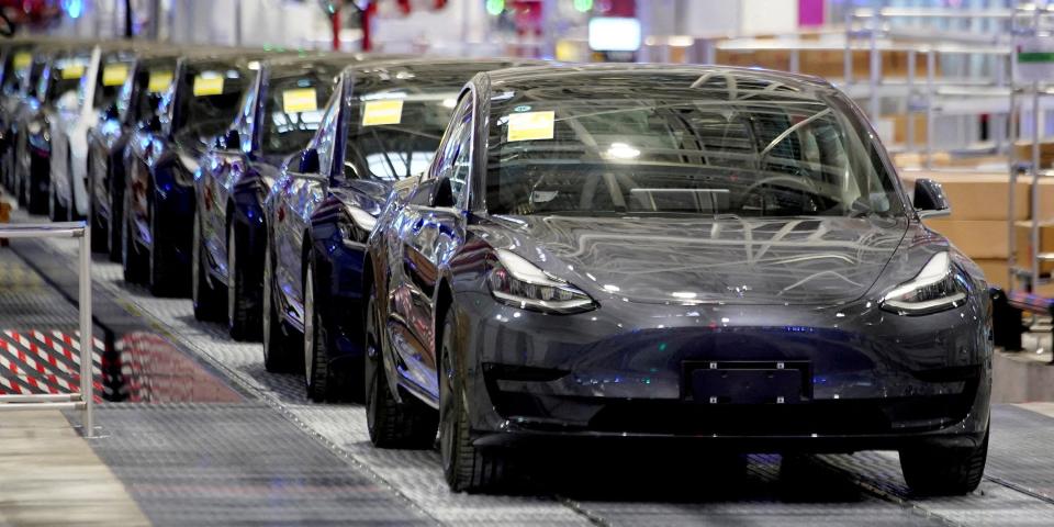 Tesla Model 3 vehicles queued up at the carmaker's factory in Shanghai, China.