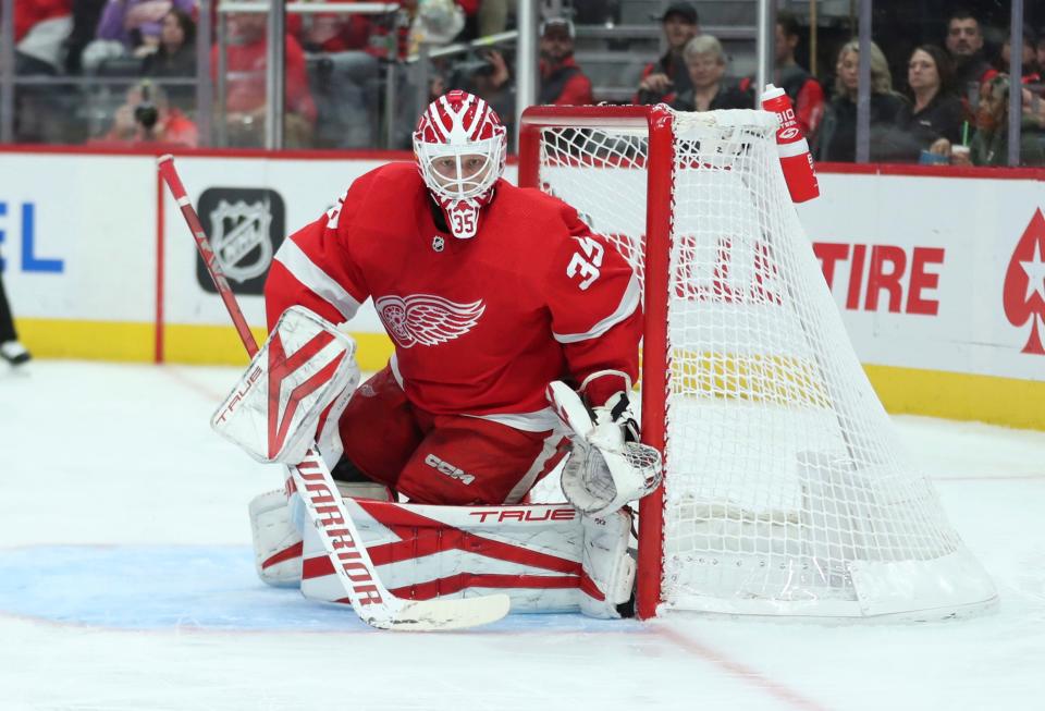 Red Wings goaltender Ville Husso in goal against the Kraken during the second period on Tuesday, Oct. 24, 2023, at Little Caesars Arena.