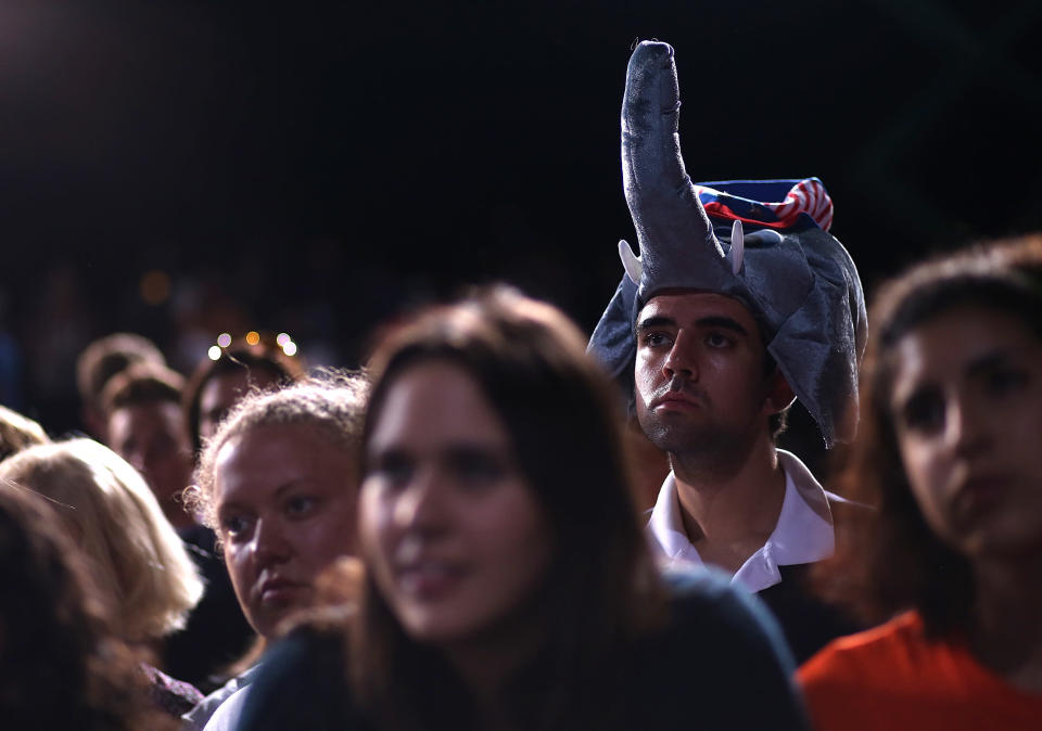 A supporter of Republican presidential candidate, former Massachusetts Gov. Mitt Romney wears an elephant hat during a campaign rally at University of Miami on October 31, 2012 in Coral Gables, Florida. (Photo by Justin Sullivan/Getty Images)