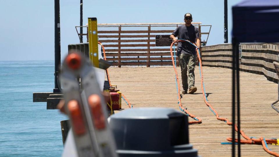 The end of Cayucos Pier was damaged in a Feb. 20, 2024, storm when pilings were washed away. Richard Brady and Associates were conducting a visual inspection in June 2024 for San Luis Obispo County Parks and Recreation Department. This view is from June 25, 2024.