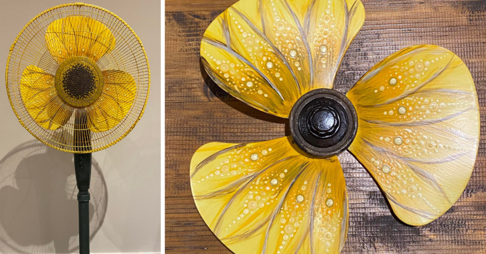 A floor fan painted as a sunflower. A close up of the fan blades painted as a sunflower