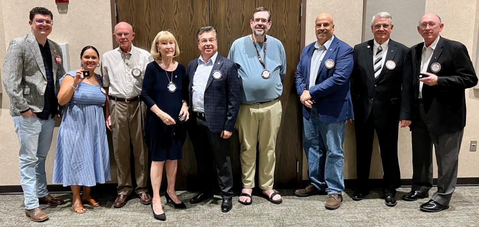 Ten members of the Rotary Club of Lubbock recently received a Paul Harris Fellow award … one of the highest honors in Rotary International. Members get a “PHF” for a donation of $1,000 and can add as many as nine more. From right to left: Cotton Fleming, Natalia Munoz-Moore (+5), Jerry Bell (+1), Club President Latrelle Joy (+2), Ross John Narvaeth (+1), Jim Haney (+2), Terry Greenberg (+2), Joe Murfee (+5), Ben Lock (+2). Not pictured is Joel Ivy (+4). The money goes to Rotary International’s Annual Fund and part of that is returned to the club. The club has recently used those returned funds to support the Frenship ISD holiday backpack program, which helps feed students over the holiday break.