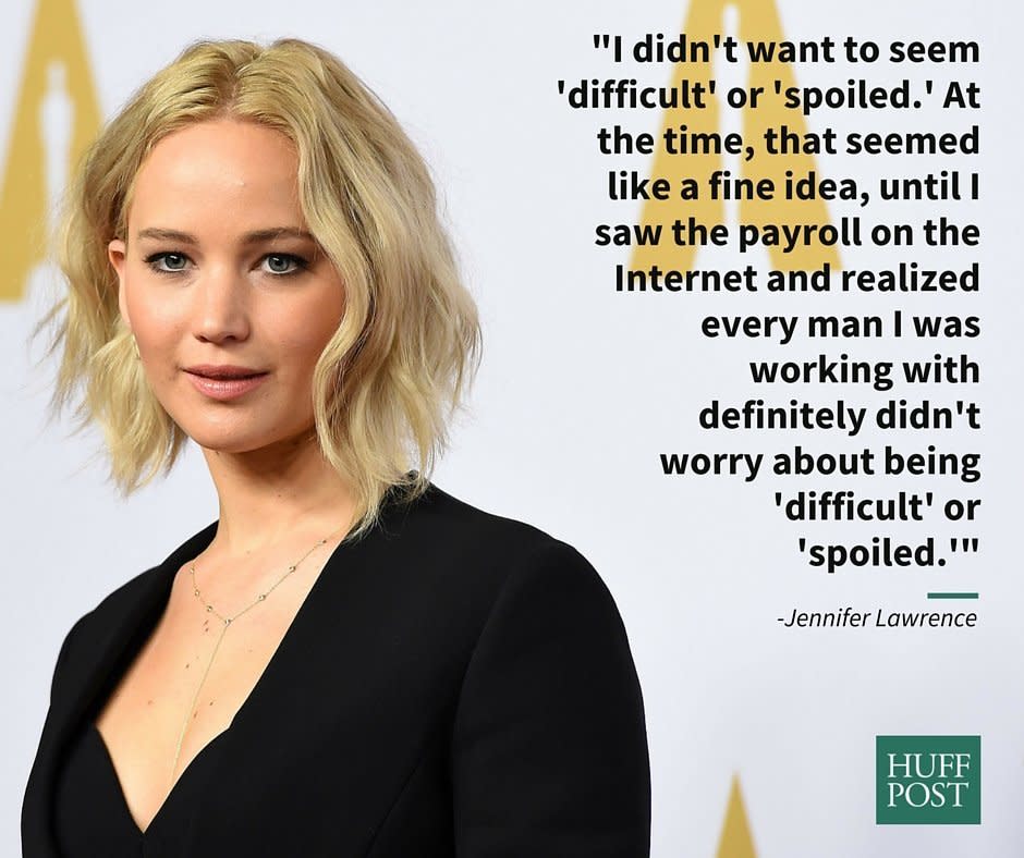 In an October 2015 essay for&nbsp;Lena Dunham&rsquo;s Lenny Letter, <a href="http://www.lennyletter.com/work/a147/jennifer-lawrence-why-do-i-make-less-than-my-male-costars/" target="_blank">Jennifer&nbsp;Lawrence wrote about her experience with pay inequality</a>.&nbsp;She wrote that she didn&rsquo;t want to be deemed &ldquo;difficult&rdquo; or &ldquo;spoiled&rdquo; by demanding more money.&nbsp;<br /><br />"When the Sony hack happened and I found out how much less I was being paid than the lucky people with dicks, I didn't get mad at Sony," Lawrence wrote. "I got mad at myself. I failed as a negotiator because I gave up early."<br /><br />&ldquo;I&rsquo;m over trying to find the &lsquo;adorable&rsquo; way to state my opinion and still be likable! Fuck that,&rdquo; she wrote.<br /><br /><i>Read the rest of Lawrence's&nbsp;essay <a href="http://www.lennyletter.com/work/a147/jennifer-lawrence-why-do-i-make-less-than-my-male-costars/" target="_blank">here</a>.&nbsp;</i>