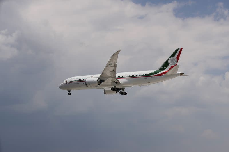 Mexico's presidential plane, which President Andres Manuel Lopez Obrador is selling, lands at Benito Juarez international airport during its return from California, in Mexico City