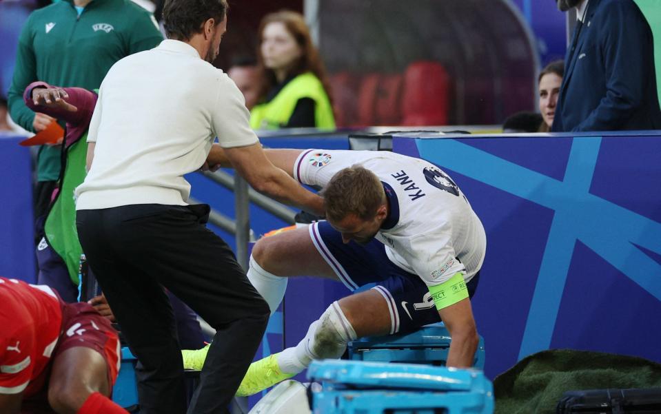 Gareth Southgate tries to catch Harry Kane after he is bundled into touch